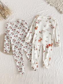 SHEIN 4pcs Young Girls Deer & Rabbit Print Long Sleeve Top And Leggings 2 Outfits Set, Casual & Fashionable Baby Pajamas Unisex Long Pajama Set Kids Pajama Sets Bamboo Pajama Set Two Pieces Pajama Set Snug Fit" Fall Winter - Multicolor - View 2