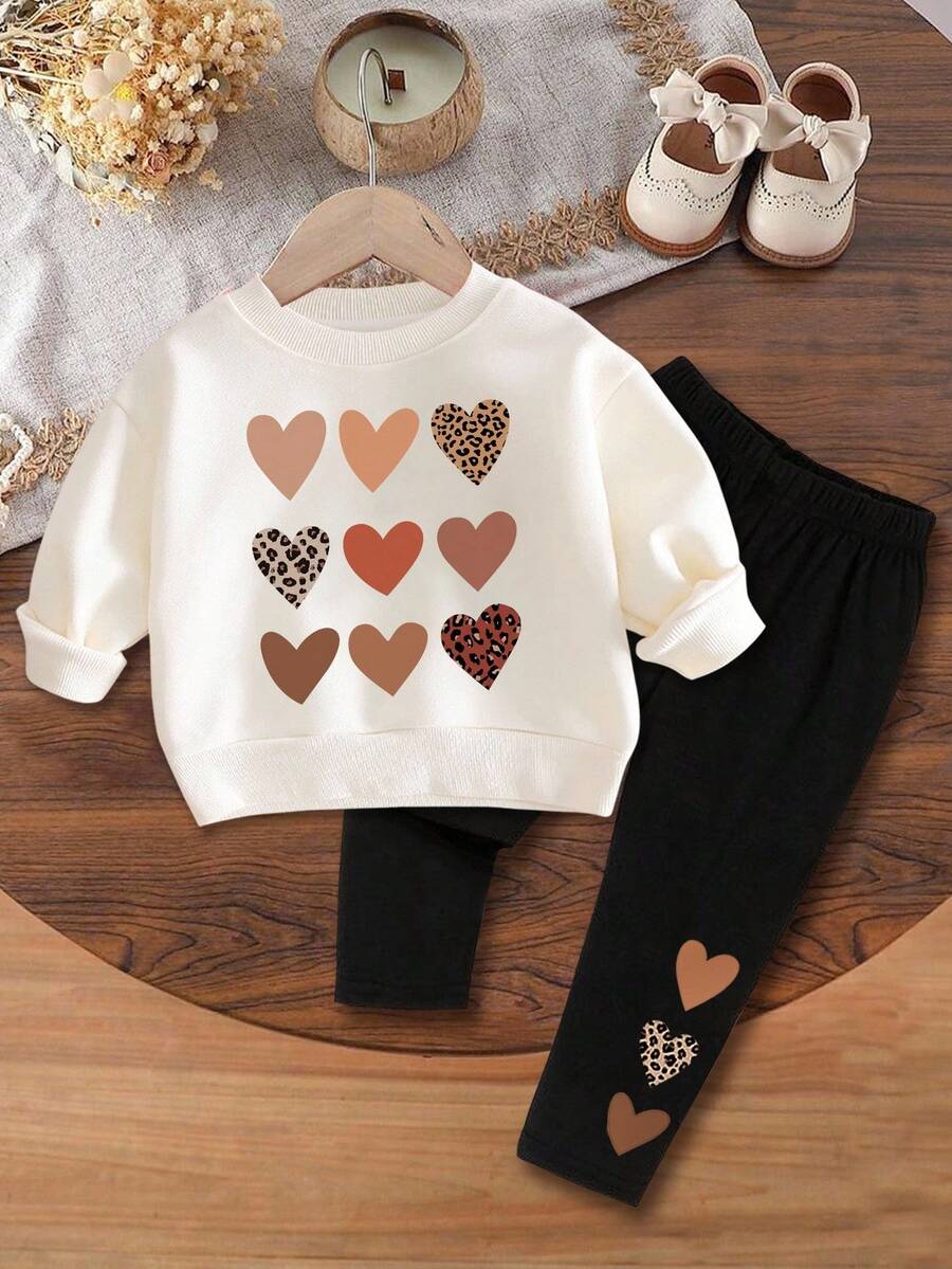 2pcs Baby Girl Casual Leopard Print Heart Pattern Loose Knitted Soft Thickened Crew Neck Long Sleeve Sweatshirt And Leggings Set, Suitable For Autumn And Winter