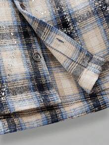 NEON BLANC Men's Street Fashion Woven Rhinestone Spider Web Plaid Short Sleeve Shirt - Blue - View 6