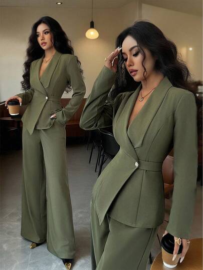 Elenzga petite Women's Olive Green Thick Fabric V-Neck Lapel Waist Buttoned Design Blazer Jacket And Wide Leg Pants Set, Loose Fit, Professional Outfit, Elegant For Thanksgiving, Halloween, Autumn New Arrival, Versatile Two Pieces Suit