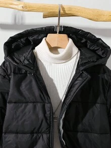 SHEIN Kids/Tween Boys' Casual Versatile Sports Black & White Ribbon Patchwork Thick Hooded Zip-Up Long Sleeve Winter Coat, Parka Coat Suitable For Commuting, School, Casual, Travel, Sports, Autumn/Winter, Teen Boys Winter Jacket, Boys Black Puffer Jacket Fall - Black - View 4