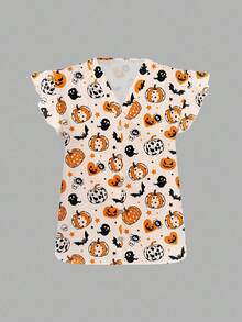 EMERY ROSE 女式休闲宽松 V 领衬衫，带飘袖，饰有万圣节南瓜怪异趣味图案，非常适合初秋和秋季假期 秋季万圣节衬衫 女式万圣节衬衫 女式万圣节上衣 万圣节上衣 可爱万圣节衬衫 - 彩色 - 查看 3