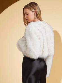 Amorya 女士优雅人造毛皮杏色短款夹克，适合日常穿着和多种场合，秋冬季 - 杏色 - 查看 2