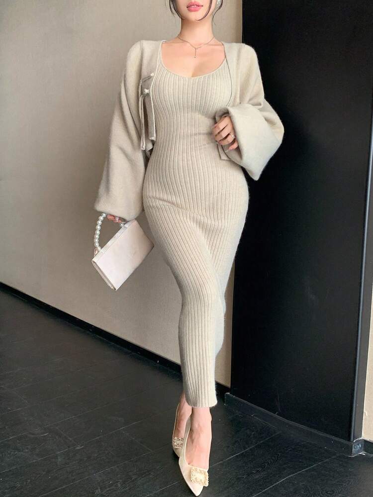 Women's Solid Color Batwing Sleeve Button Design Sweater And Knitted Slip Dress Elegant 2-Piece Set, Autumn
