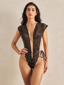 SHEIN Bộ đồ liền thân gợi cảm ba điểm khoét sâu chữ V ren hoa lãng mạn dành cho nữ, phong cách Baddie - màu đen - Xem 5