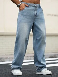 Manfinity Homme Plus Size Men's Casual Loose Fit Light Blue Denim Jeans Baggy Jeans Man Oversize Jeans Men - Blue - View 6
