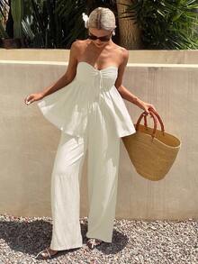 DAZY Women's Solid Color Knotted Ruched Babydoll Tube Top & Wide Leg Pants 2 Pieces Set, Spring/Summer - Beige - View 1