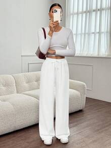 SHEIN Tall Weite Hose mit Kordelzug an der Taille und Falten aus Fleece - Weiss - Übersicht 4