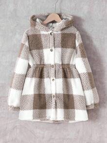 Emery Rose Kids Emery Rose Kids 青少年女孩休閒寬鬆格紋搖粒絨長袖外套 泰迪熊外套，秋冬外套，搖粒絨夾克，連帽衫，連帽夾克 - 米色 - 查看 3