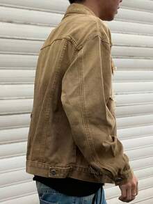 Manfinity LEGND Áo khoác denim tay dài dáng rộng, túi hộp, họa tiết tua rua, thường ngày cho nam mùa thu - màu nâu - Xem 4