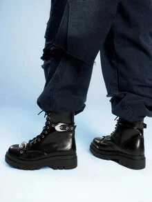 Sugerpunk 女式哥特式圆头粗跟靴，金属扣设计，PU 皮革，黑色，适合派对、日常穿着和休闲时尚 - 黑色 - 查看 5