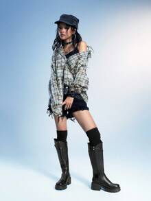 Sugerpunk 女式黑色侧拉链粗跟系带扣马靴，暗黑摇滚朋克哥特风格过膝靴 - 黑色 - 查看 2