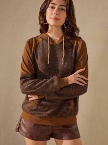 Wildy 女士秋冬水溶性蕾丝拼接罗纹休闲棕色连帽卫衣 - 摩卡棕 - 查看 4