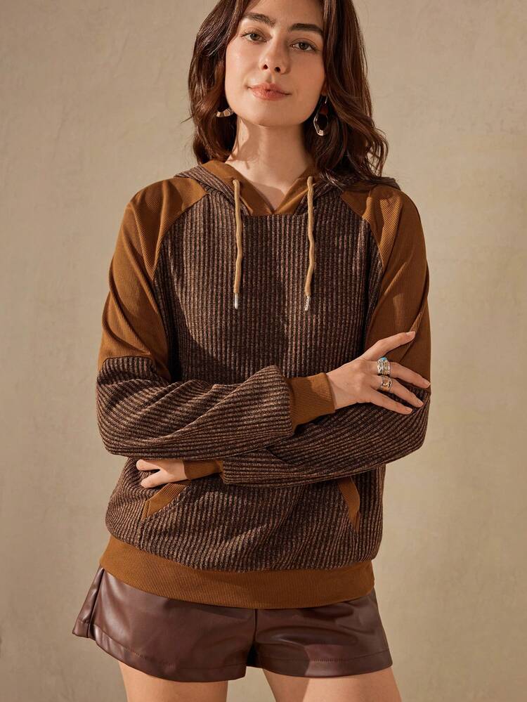Wildy Women's Autumn/Winter Water-Soluble Lace Patchwork Ribbed Casual Brown Hooded Sweatshirt - Mocha Brown - View 4