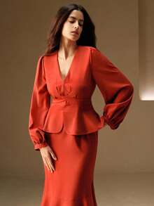 Anewsta Elegante Bluse mit tiefem V-Ausschnitt, Puffärmeln, Twist-Taille und weitem Saum