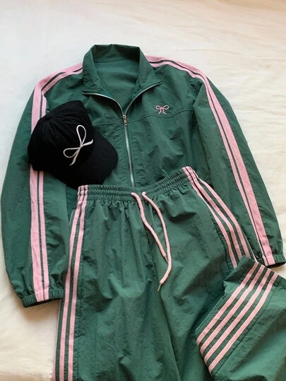 Comfortcana 女士休闲宽松蝴蝶结刺绣侧条纹长袖夹克和裤子两件套，秋季