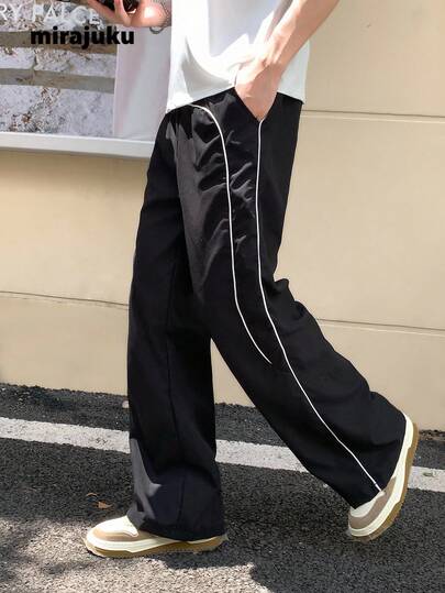 SHEIN Teen Boys Stylish Drawstring Waist Loose Fit Black Straight Leg Cargo Pants, Youth Streetwear, Summer