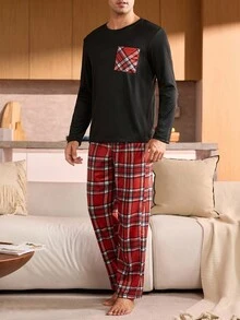 Manfinity Underwear&Sleepwear Basics Plus Size Men's Pajama Set (Long Sleeve Top And Pants, 2 Pieces) - Red - View 3