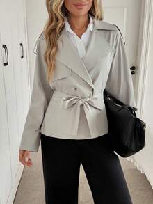 SHEIN LUNE Cappotto da donna grigio chiaro minimalista con revers, spalline e fiocco in vita, elegante giacca formale da ufficio per autunno e inverno, chic colore unito - Grigio - Visualizzare 3