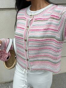 SHEIN Unity Fashionable Loose Colorful Striped Women's Drop Shoulder Long Sleeve Cardigan - Multicolor - View 8