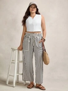 Zelara 大码女式彩虹条纹春夏休闲时尚宽松高腰荷叶边蕾丝腰带裤女式夏季服装女式夏季服装可爱夏季下装秋季女装返校节商务休闲女式基本款斯德哥尔摩风格教师服装 - 黑與白 - 查看 6