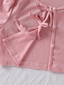 SHEIN Vintaside Kids 2 件套女童休闲罗纹针织开衫，蝴蝶结装饰和简约印花吊带裙，春秋 - 粉色 - 查看 5