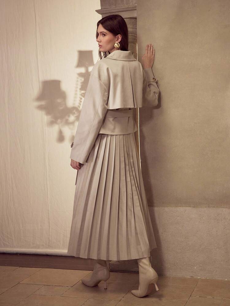 ELEGANT WAIST CINCHED PLEATED HEM PATCHWORK TRENCH COAT, KHAKI MINIMALIST & CHIC