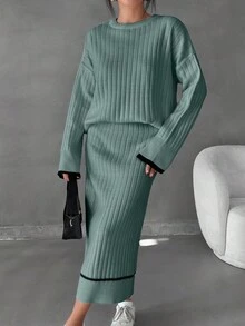 EURMUSE Damen gestreifter detaillierter Pullover und langer Rock Set Co-Ords - Minzgrün - Übersicht 6