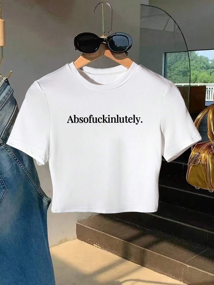 INAWLY Women's Letter Print Slim Fit Cropped T-Shirt Graphic Tees Women Tops - White - View 1