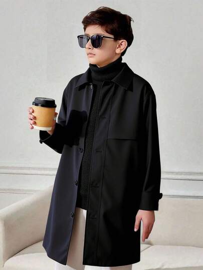 SHEIN Leap Crew Tween Boys' Casual Comfortable Solid Color Turndown Collar Long Sleeve Mid-Long Woven Wind Jacket, Versatile Daily Wear Suitable For Birthday Parties, Evening Parties, Performances, Weddings, Baptisms, Opening Ceremonies Daily Suitable For Daily Use Suitable For School Suitable For Travel Suitable For Sports Suitable For Autumn And Winter Back To School Teens Clothes