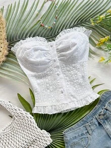 Dreamara 大码女式白色休闲纹理面料荷叶边抹胸上衣，适合度假、海滩、夏季、波西米亚风穿着 - 白色 - 查看 3