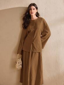 Graceveil Women's Solid Color Round Neck Loose Textured Fabric Elegant Fashion Arabic Style Set - Bronze - View 1