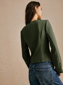 Poéselle 女士领带西装外套办公室装纯色前领带长袖休闲常规夹克袖子上有纽扣细节和不对称领带门襟秋冬秋季服装女式长袖秋季服装西装外套女式西装外套 - 軍綠色 - 查看 9