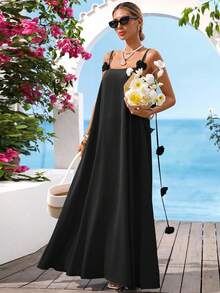 Vivid Eden Gaun Wanita dengan Tali Bahu Motif Bunga 3D - Hitam - View 2