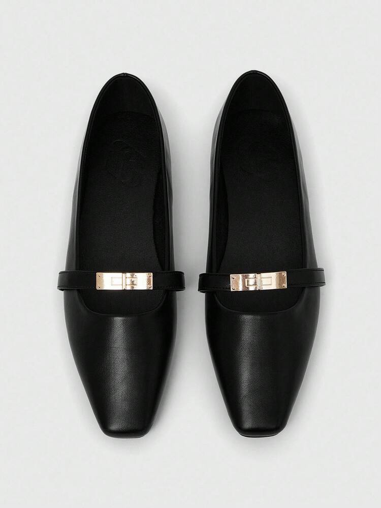 CUCCOO BIZCHIC Women's Square Toe Flat Black Metal Buckle Mary Jane Flats, Lightweight Comfortable Slip-On Suitable For Dresses For Christmas Spring Shoes