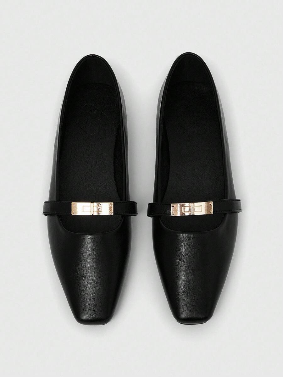 CUCCOO BIZCHIC Women's Square Toe Flat Black Metal Buckle Mary Jane Flats, Lightweight Comfortable Slip-On Suitable For Dresses For Christmas - Black - View 1