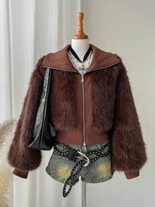 Comfortcana Knitted Patchwork Zipper Faux Fur Jacket, Autumn/Winter - Coffee Brown - View 5
