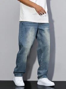 Manfinity Homme 休闲宽松直筒男士宽松牛仔裤纯色深蓝色长直筒洗水牛仔裤洗水工装牛仔裤，适合老公、男朋友的礼物 - 藍色 - 查看 5