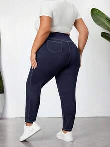 SHEIN CURVE+ Quần legging bó thun co giãn thường ngày cỡ lớn cho nữ có đường khâu lộ rõ, thoáng khí, thấm hút mồ hôi, mùa hè, Curve Plus, Hoho Vacation - Màu xanh hải quân - Xem 2