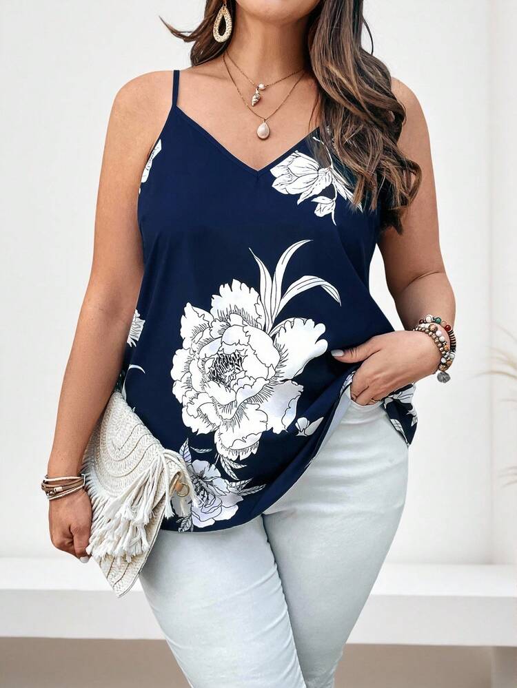 Plus Size Women's Floral Print V-Neck Blue White Camisole Top For Spring,Flower/Summer/Vacation