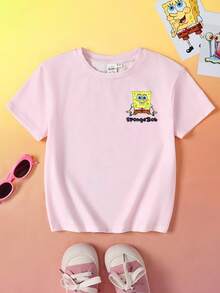 SpongeBob SquarePants | SHEIN 少女可爱卡通图案针织圆领宽松粉色短袖T恤 - 粉色 - 查看 2