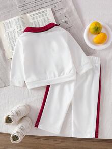 SHEIN 2件套女婴春秋长袖针织白色上衣+休闲裤套装 - 白色 - 查看 2