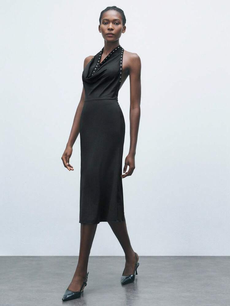 SHEIN Maija Black Elegant Plunging Neckline Knit Minimalist Fabric Fitted Plunging Neckline Sleeveless Silver Foil Dress Black Slay Diva Dress Chain Dress Halloween Clothes New Year Christmas Dress Halloween Costume Women New Year Women Wedding Guest Dress  Women Dresses Autumn Winter Cozy Fall And Winter Clothes For Women Elegant Dresses For Party Black Dresses For Women Winter Dresses For Women Beach Outfit For Women  Long Party Dress Black Dress Stylish Clothing Collection New Year Dress