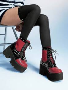 Sugerpunk Women's New Punk Style Boots, Thick Sole, Side Zipper, Fashion 8cm High Heel Riding Boots - Burgundy - View 5