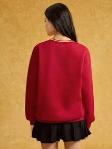 HARRY POTTER X SHEIN Women's Cute Hedwig Letter & Cartoon Owl Embroidery V-Neck Long Sleeve Pullover Sweatshirt,Red Fleece Sweatshirt,Fall  Winter Christmas - Red - View 2