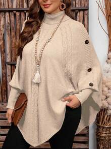 Women's Solid Color Knitted Button High Neck Batwing Long Sleeve Cape Style Fitted Elegant Sweater, Autumn/Winter - Apricot - View 1
