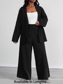 SHEIN PETITE CURVE 大码休闲系腰长袖上衣和宽松裤子两件套 - 黑色 - 查看 1