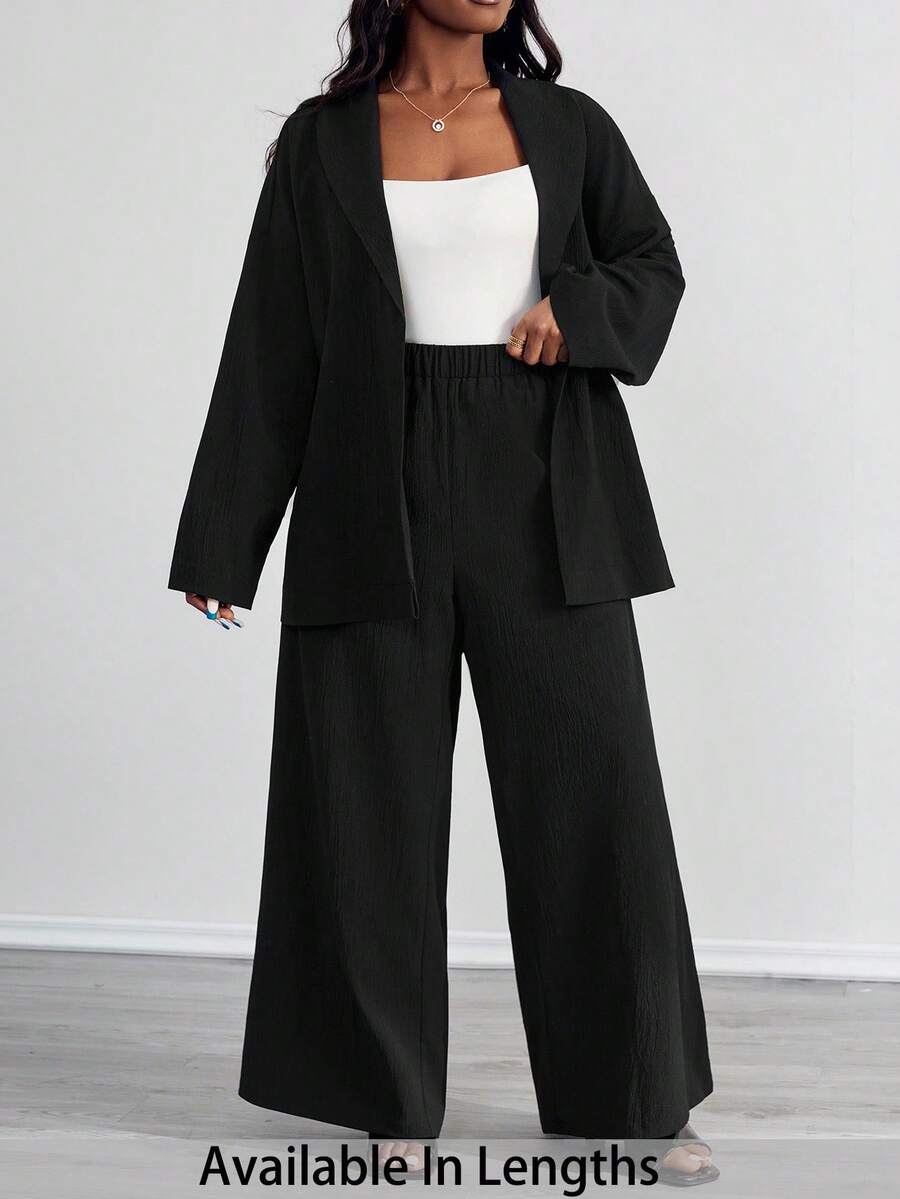 SHEIN PETITE CURVE 大码休闲系腰长袖上衣和宽松裤子两件套 - 黑色 - 查看 1