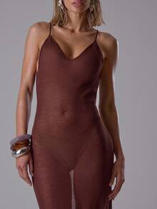 MUSERA 透视深V领宽松细肩带长裙，优雅性感，适合夜晚外出、度假、可爱酷女孩、街头风、黎明、晚宴、派对等场合。 - 棕色 - 查看 3