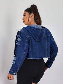 SHEIN EZwear 冬季加大码女式休闲做旧牛仔连帽短外套 - 深色水洗藍 - 查看 5